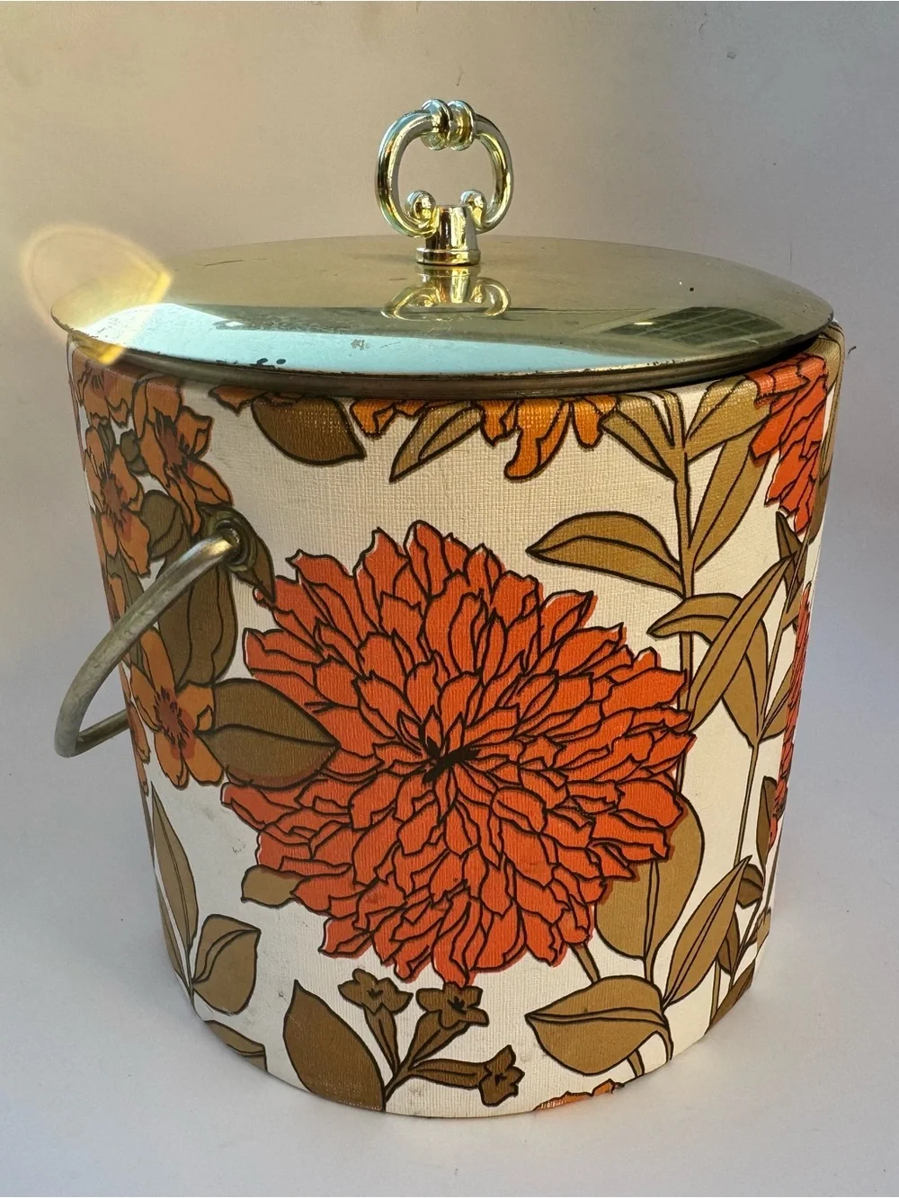Vintage Floral Ice Bucket Gold Lid Handle Orange Flowers 60s 70s Botanical